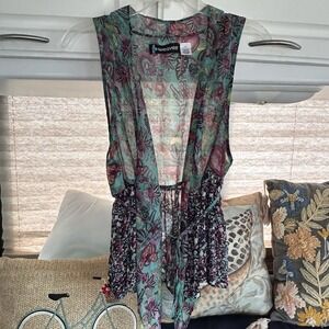 Weavers Sheer Open Front Sleeveless Top Size M Tie Waist Teal Fuchia Blue Summer